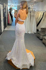 Sexy Mermaid Sequin White Long Prom Dresses Plunging Neck Cutout Waist