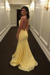 Sexy Yellow Lace Prom Dresses Mermaid Open Back