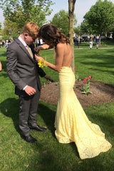 Sexy Yellow Lace Prom Dresses Mermaid Open Back