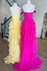 Sheath Hot Pink Chiffon Tiered Prom Dresses 2024 V Neck