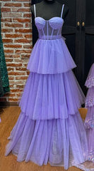 Sheath Lavender Tulle Tiered Prom Dress Long with Layered Skirt