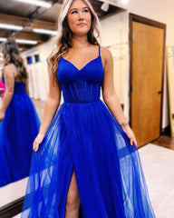 Sheath Tulle Royal BLue 2024 Prom Dresses V Neck