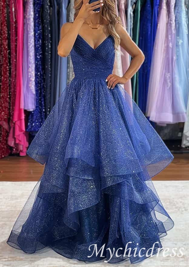 Shiny V Neck Navy Blue Long Prom Dresses Puffy Lilac / US20W Shiny V Neck Navy Blue Long Prom Dresses Puffy Lilac / US20W