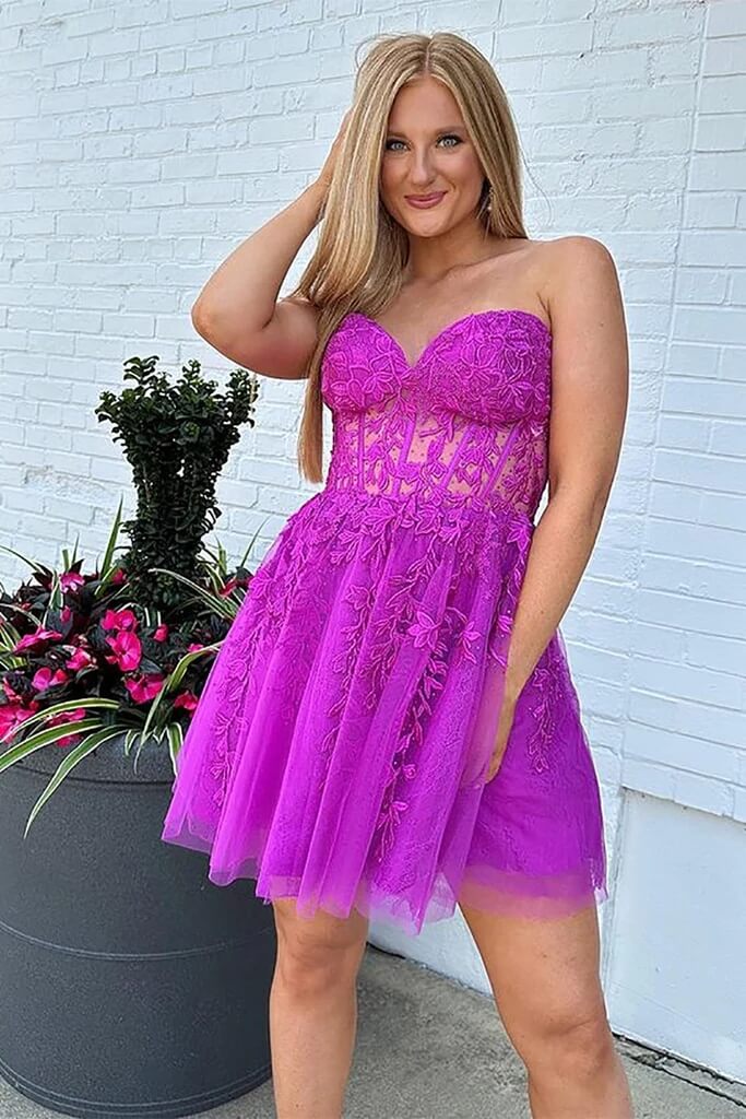 Short Fuchsia Lace Magenta Homecoming Dress Strapless Graduation Dress Short Fuchsia Lace Magenta Homecoming Dress Strapless Graduation Dress
