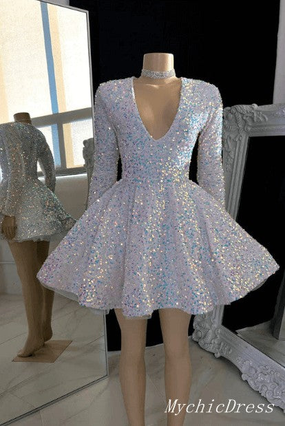 Short Long Sleeves Sequin Prom Dresses V Neck Glitter Mini Hoco