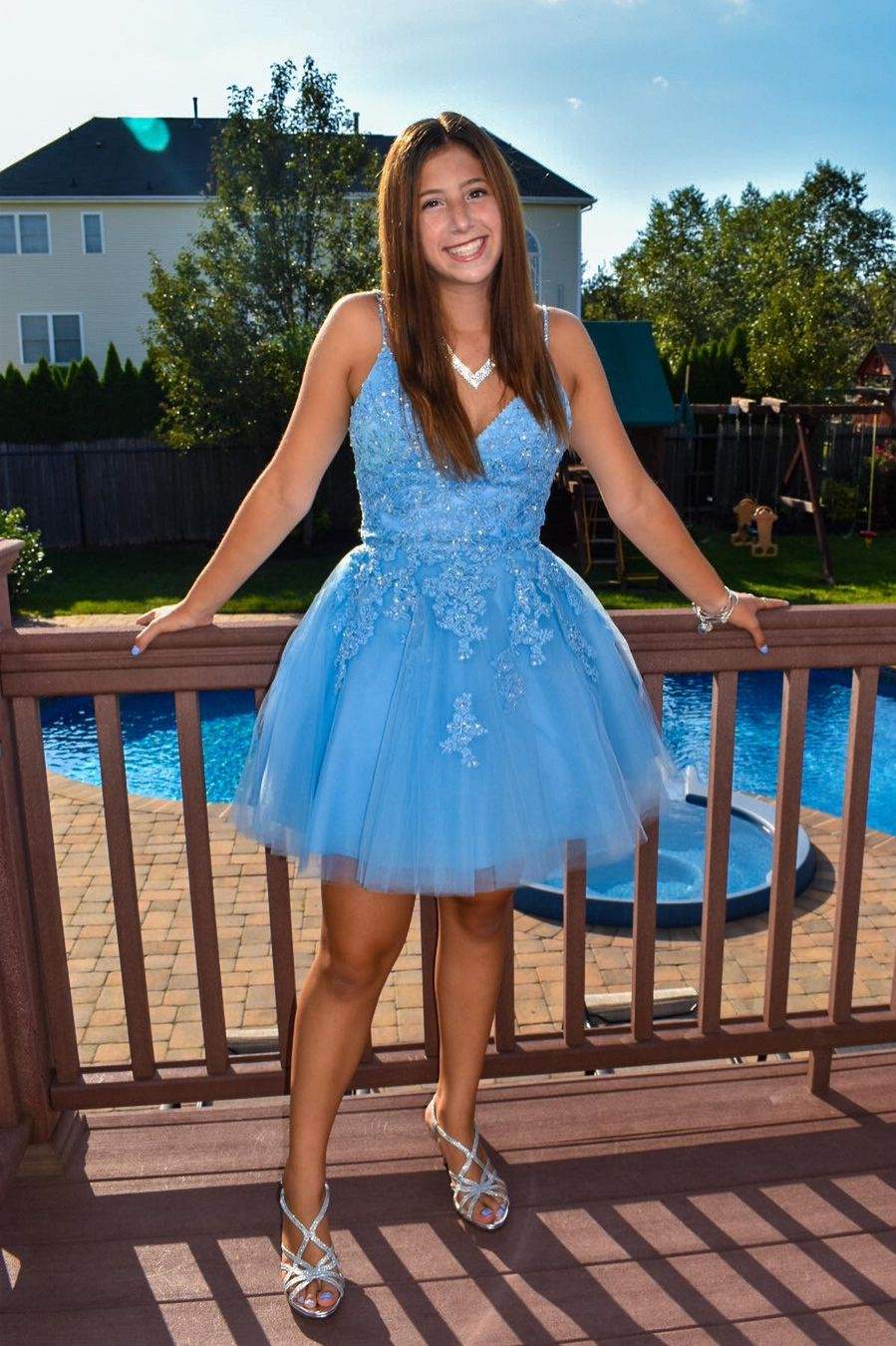 Short Sky Blue Homecoming Dress V Neck Lace Beaded Hoco Dress US20W / Light Blue Short Sky Blue Homecoming Dress V Neck Lace Beaded Hoco Dress US20W / Light Blue