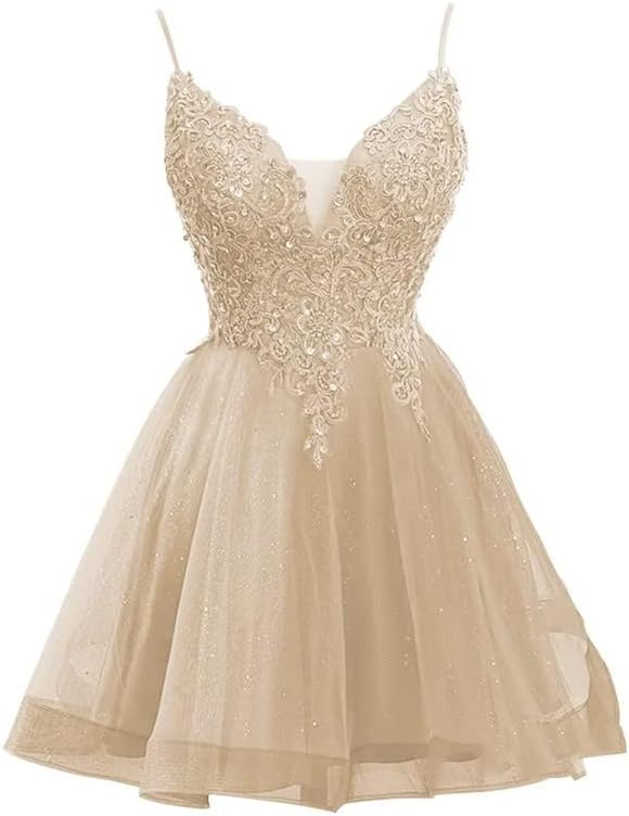 Short Lace Champagne Homecoming Dress V Neck Tulle Quinceanera Dama Dresses US2 / Champagne Short Lace Champagne Homecoming Dress V Neck Tulle Quinceanera Dama Dresses US2 / Champagne