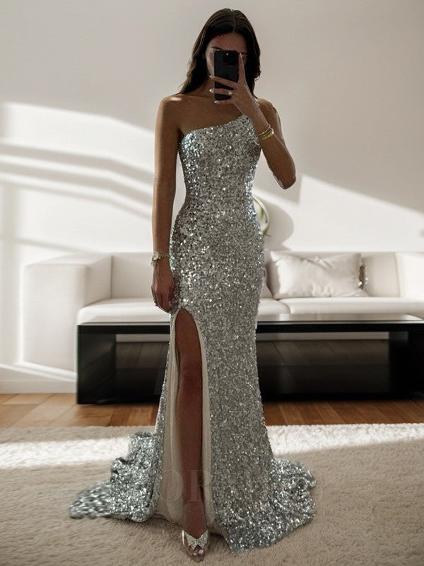 silver one shoulder prom dress Portia and Scarlett PS25650E