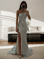 Silver Sequin Prom Dresses One-Shoulder Mermaid Formal Gown