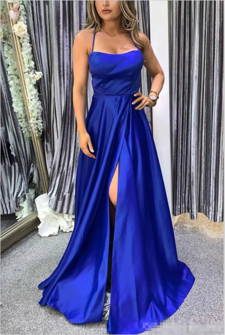 Simple Royal Blue Satin Prom Dresses Long Sleeveless Cheap Evening