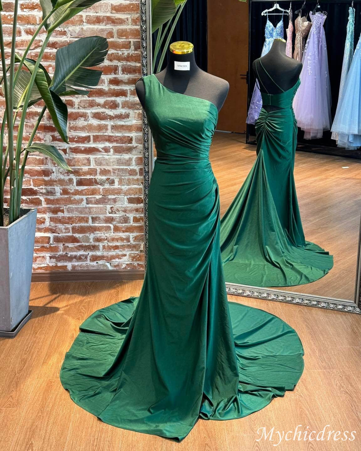 Simple Green Satin Wedding Guest Dresses One Shoulder Mermaid Formal Dress Hot Pink / US6 Simple Green Satin Wedding Guest Dresses One Shoulder Mermaid Formal Dress Hot Pink / US6