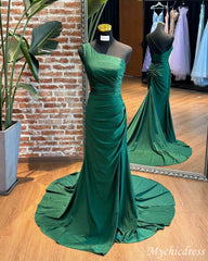 Simple Green Satin Wedding Guest Dresses One Shoulder Mermaid Formal Dress