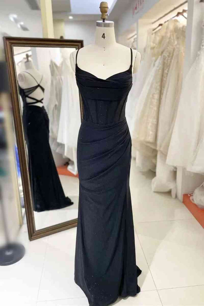 Simple Long Black Satin Prom Dresses Pleated Spaghetti Straps – MyChicDress