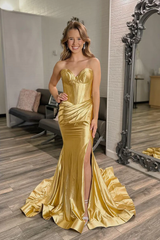 Simple Long Mermaid Gold Prom Dresses Satin Sweetheart Slit