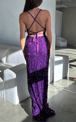 Simple Purple Iridescent Sequin Prom Formal Dresses Mermaid Straps Split