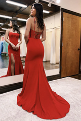 Simple Red Long Prom Dresses Satin Spaghetti Straps Mermaid Evening Dress