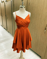Simple Satin Short Homecoming Dress Burnt Orange V-neck Semi Formal Dress - MyChicDress