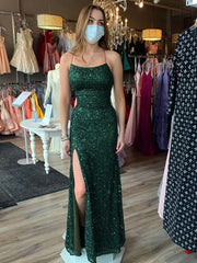 Simple Spaghetti Straps Dark Green Sequin Prom Dresses Mermaid