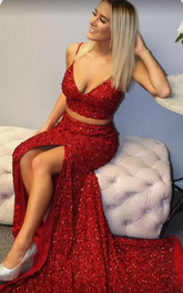 Simple Two Piece Sequins Prom Dress Red Mermaid - MyChicDress