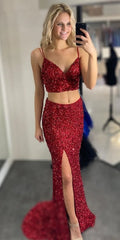Simple Two Piece Sequins Prom Dress Red Mermaid