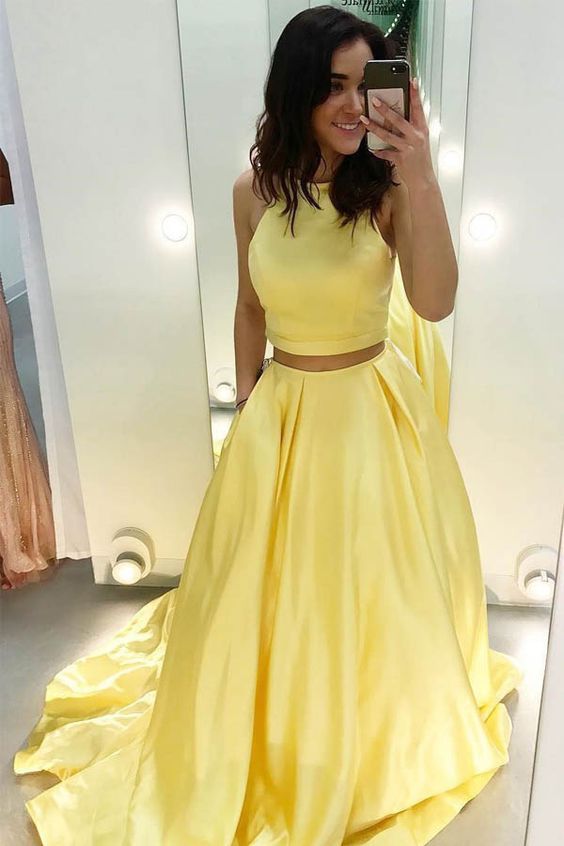 Vestidos de fiesta amarillos simples de dos piezas satinados largos co – MyChicDress Vestidos de fiesta amarillos simples de dos piezas satinados largos co – MyChicDress