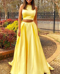 Simple Two Piece Yellow Prom Dresses Satin Long With Pockets