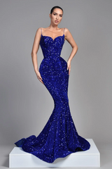 Spaghetti Strap Royal Blue Sequins Prom Dresses UK Evening Dress