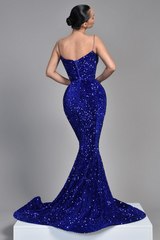 Spaghetti Strap Royal Blue Sequins Prom Dresses UK Evening Dress