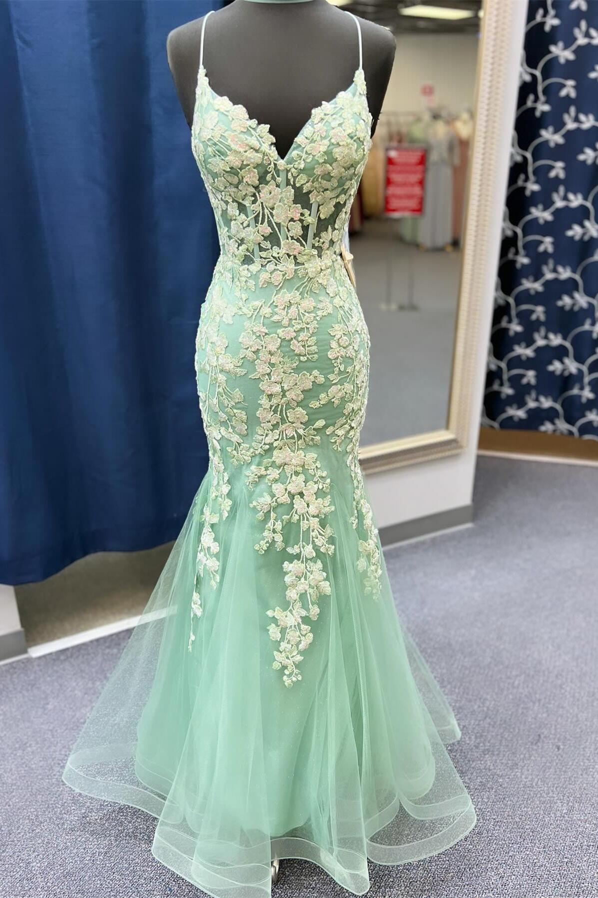 Lace Spaghetti Straps Embroidery Sequins Mermaid Prom Dress Lace Spaghetti Straps Embroidery Sequins Mermaid Prom Dress