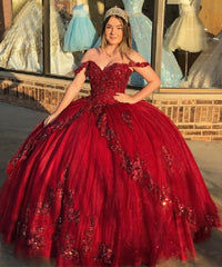 2024 Spark Burgundy Princess Quinceanera Dress Appliques Flowers Corset