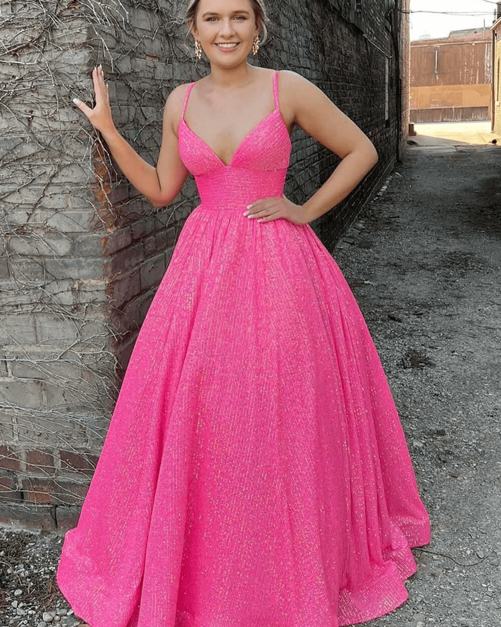 Sparkly Long Hot Pink Glitter Prom Dress A-Line V Neck Straps