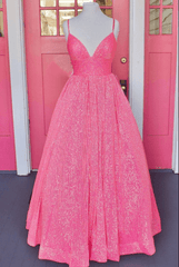 Sparkly Long Hot Pink Glitter Prom Dress A-Line V Neck Straps Formal Dresses