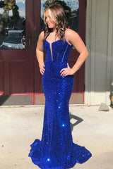 Sparkly Mermaid Royal Blue Corset Prom Dresses Sequins