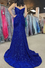 Sparkly Mermaid Royal Blue Corset Prom Dresses Sequins