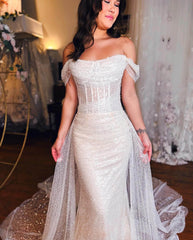 Sparkly Off Shoulder Sequins Wedding Dresses Mermaid With Train