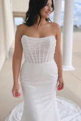 Sparkly White Sequins Wedding Dresses Mermaid Strapless