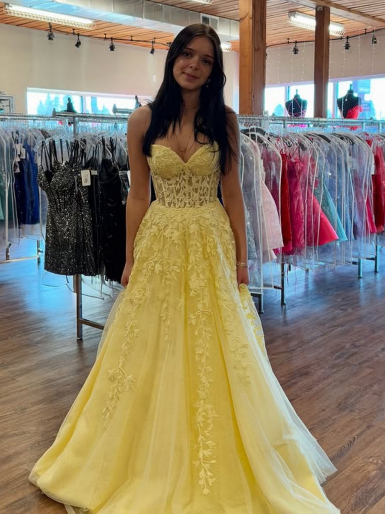 Strapless Yellow Prom Dresses Lace A-Line Formal Wear Online Yellow / US22W Strapless Yellow Prom Dresses Lace A-Line Formal Wear Online Yellow / US22W