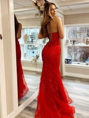 2024 Strapless Long Lace Prom Dresses Red UK Mermaid Appliques