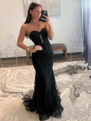Mermaid Lace Long Black Prom Dresses Strapless with sequins