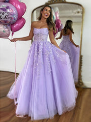 Ball Gown Strapless Purple Violet Prom Dress Lace Long Formal Gown
