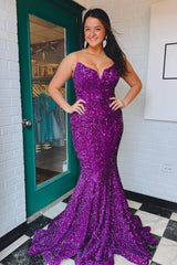 Strapless Sequin Purple Evening Dresses Mermaid Long Prom Dress