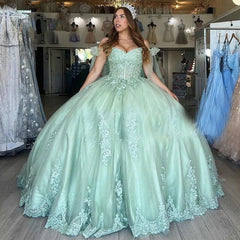 Sweet 16 Dress Mint Lace Quinceanera Dresses Off the Shoulder Ball Gown