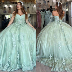 Sweet 16 Dress Mint Lace Quinceanera Dresses Off the Shoulder Ball Gown