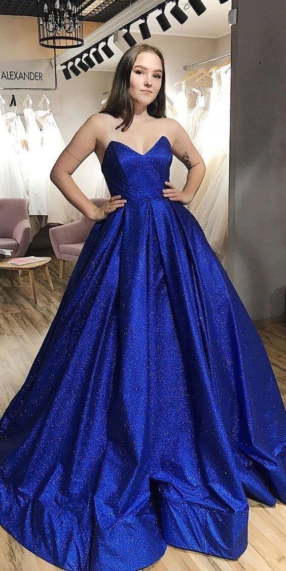 Sweetheart Shiny Sequin Prom Dresses Royal Blue A Line Evening