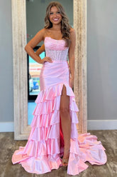 Tiered Light Pink Prom Dress 2025 Lace Applique Ruffle Strapless with Slit