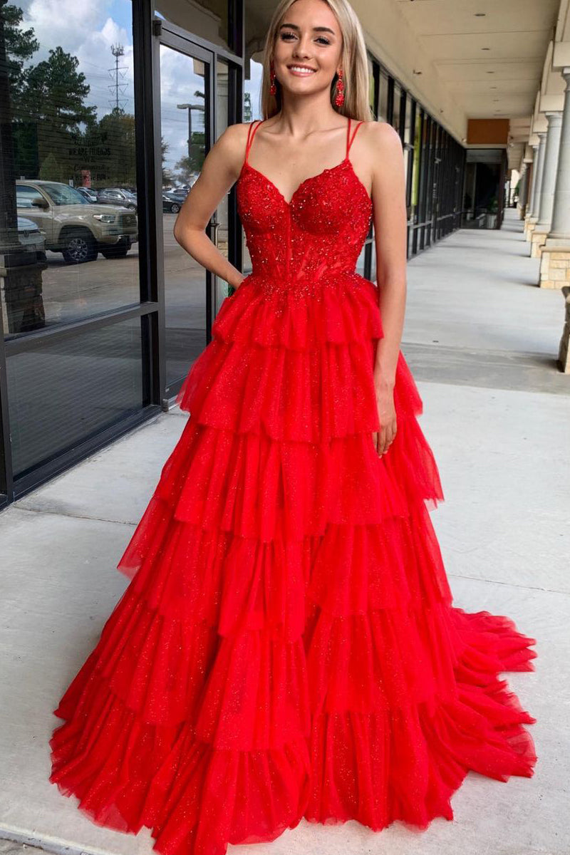 Tiered Red Prom Dress A Line Tulle Sweetheart with Appliques – MyChicDress