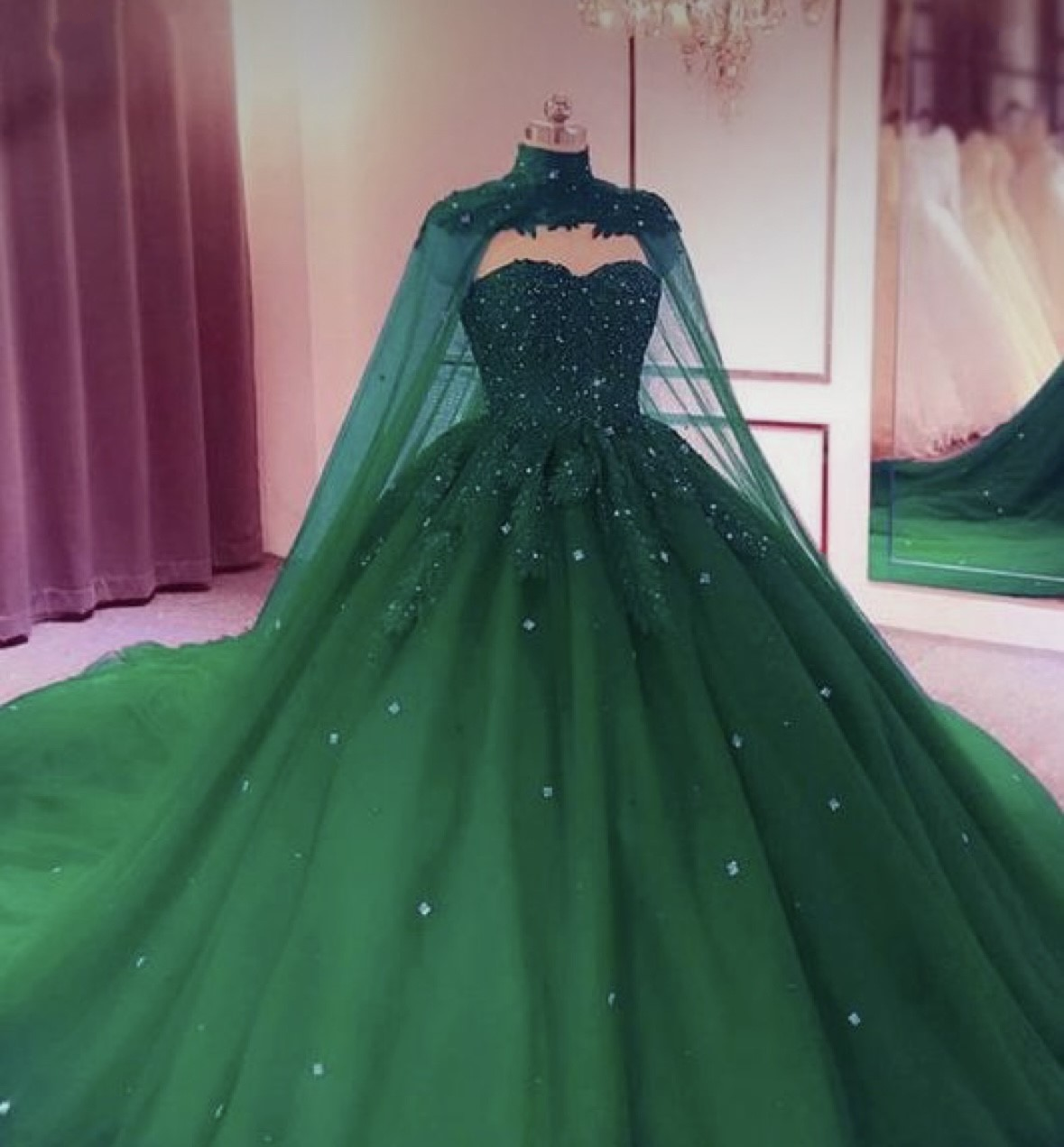 Tulle Ball Gown Emerald Green Quinceanera Dresses Crystals With Cape Free Custom Color / US4 Tulle Ball Gown Emerald Green Quinceanera Dresses Crystals With Cape Free Custom Color / US4