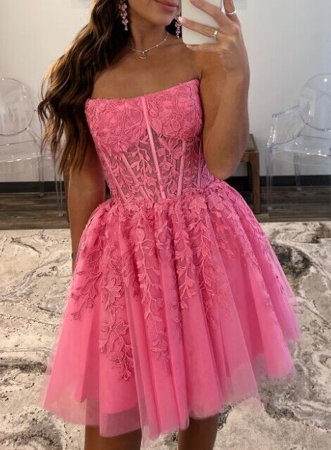 Short Lace Homecoming Dress Pink Prom Dress 2026 Strapless Pink / US16 Short Lace Homecoming Dress Pink Prom Dress 2026 Strapless Pink / US16