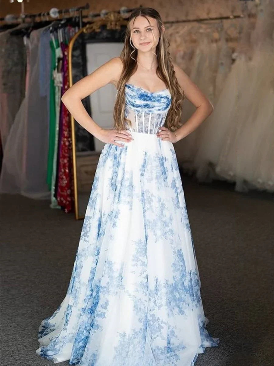 Unique 2026 Strapless Corset Junior Prom Dresses Blue Floral Printed Blue / US22W Unique 2026 Strapless Corset Junior Prom Dresses Blue Floral Printed Blue / US22W