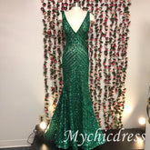 V Neck Emerald Green mermaid Sequin Prom Dresses Long Evening Dress - MyChicDress